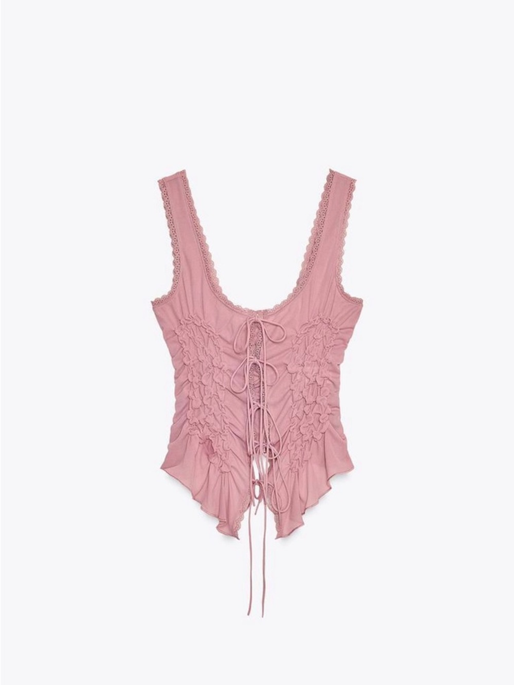 Zara Pink Lace-Trim Smocked Tie-Front Tank Top Bohemian Coachella Festival - Picture 4 of 6